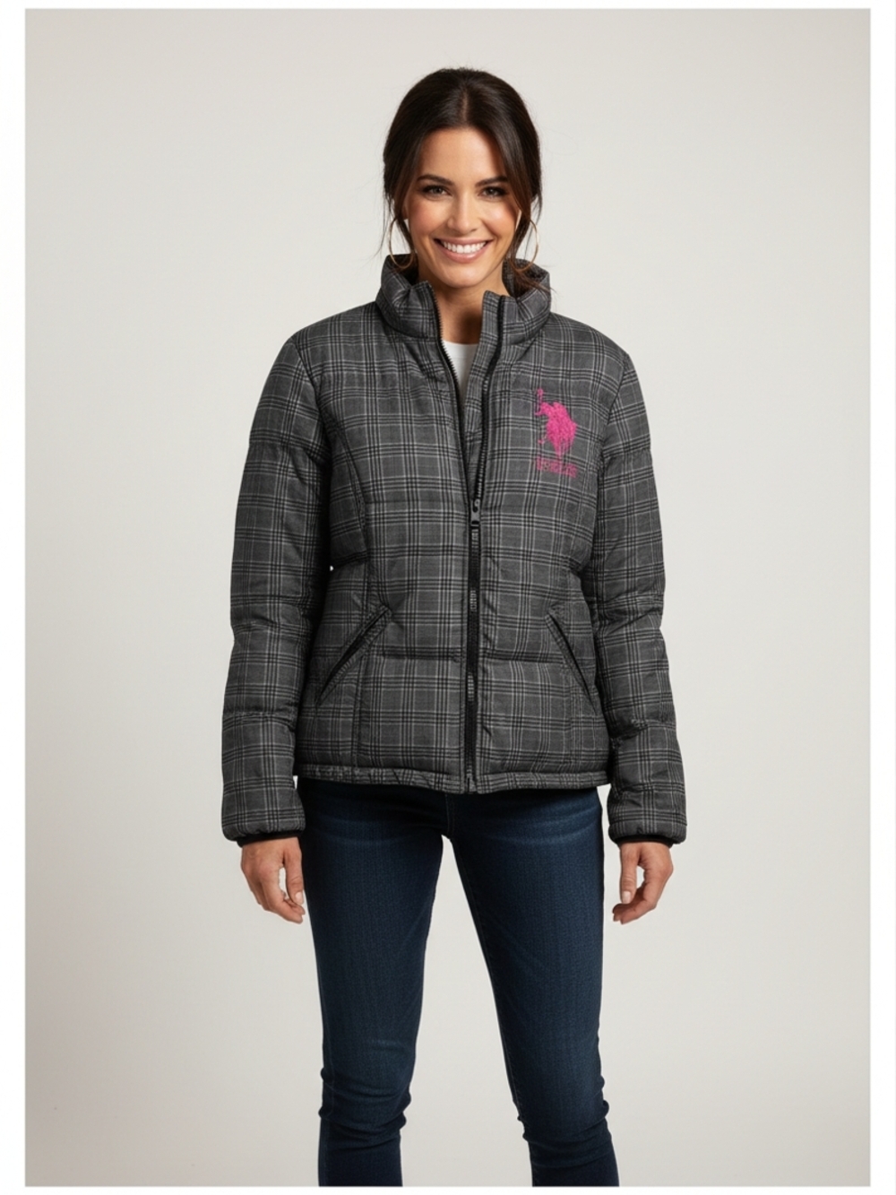 U.S. Polo Assn. Gray Plaid Puffer Jacket with Pink Logo